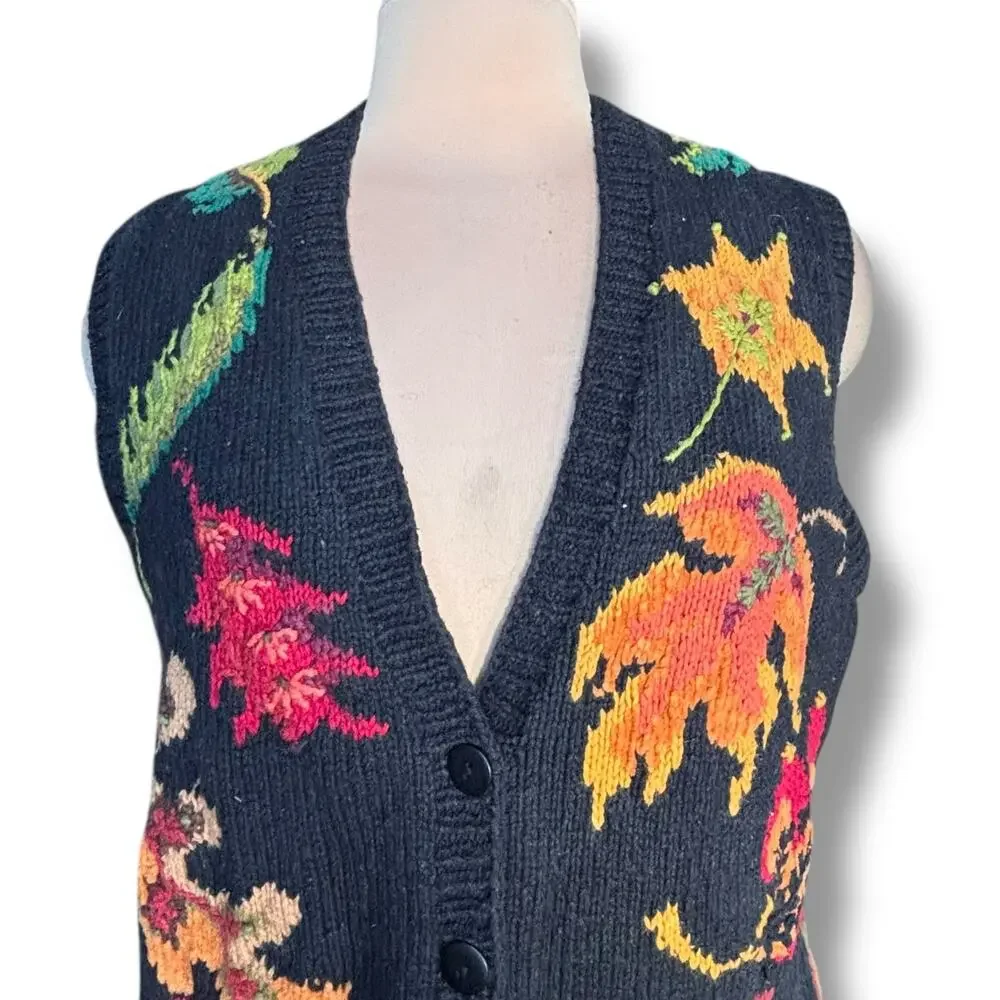 Vintage Marisa Christina Hand Knit Chunky Black Leaf Sweater Vest Black Autumn